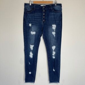KanCan Button Fly Denim Jeans Women's XL Distressed Frayed Hem Blue High Rise
